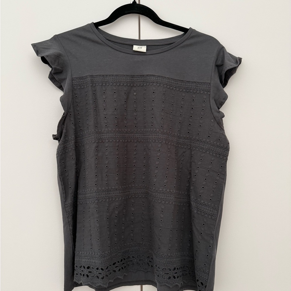 H&M Charcoal Eyelet Flutter Sleeve Blouse